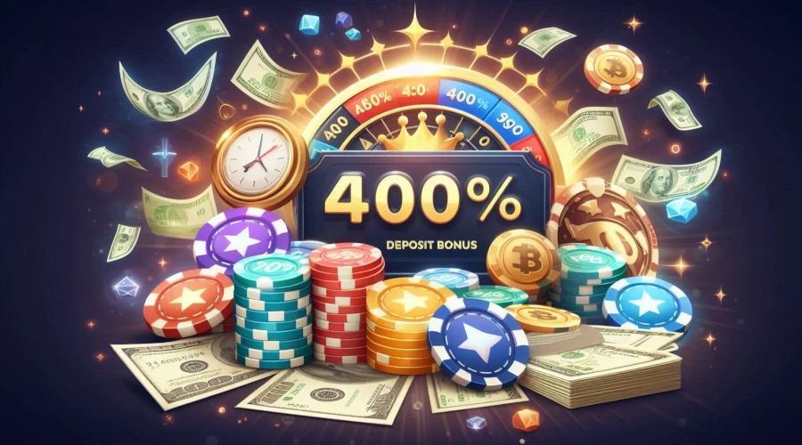Illustration of 400% deposit bonus promotion showing casino chips, money, and bonus balance concept
