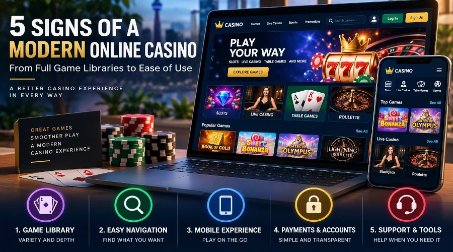Modern online casino platform featuring game categories, mobile gaming, account tools, secure payments, and easy navigation for players.