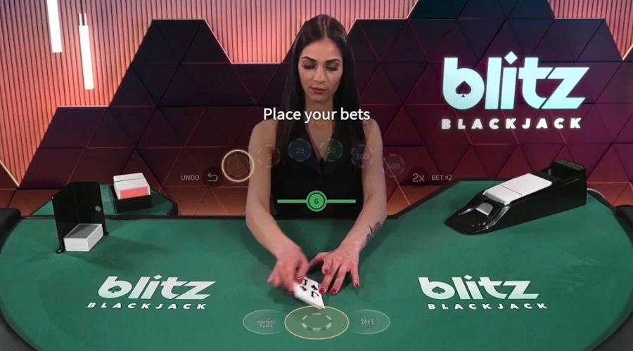Blackjack Blockchain Blitz crypto casino game screenshot with fast tables and blockchain side bets