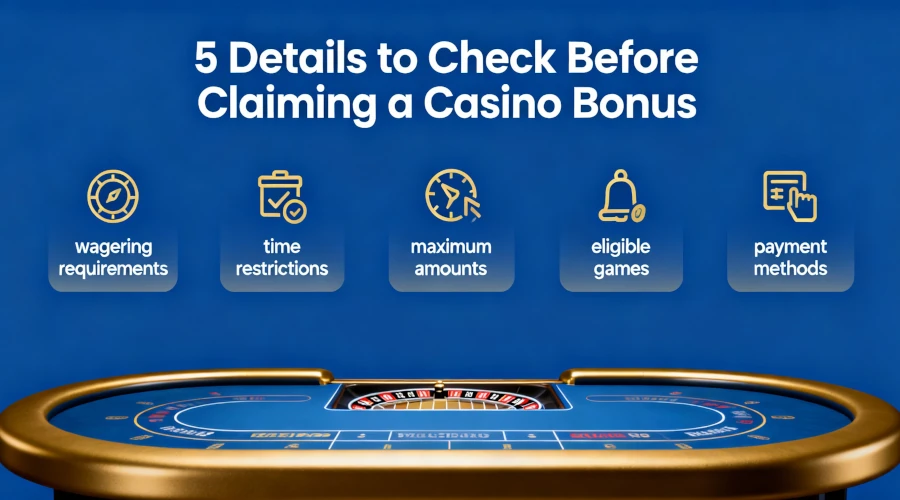 Checklist of five important details to review before claiming an online casino bonus