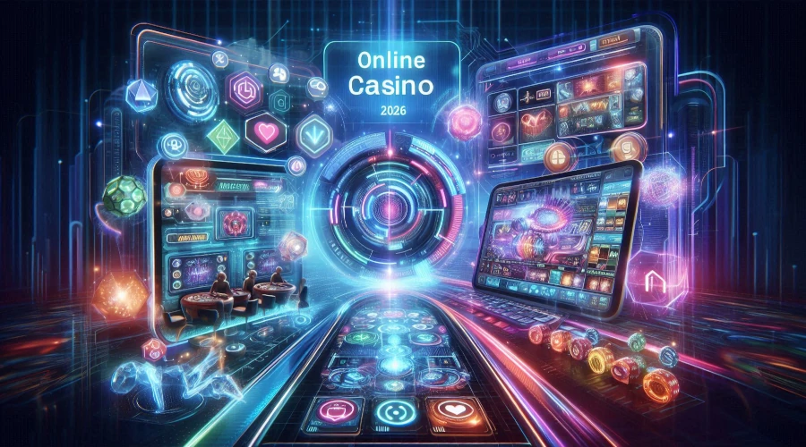 Illustration of future online casino trends in 2026 featuring gamification, AI personalization, mobile gaming, and VR technology