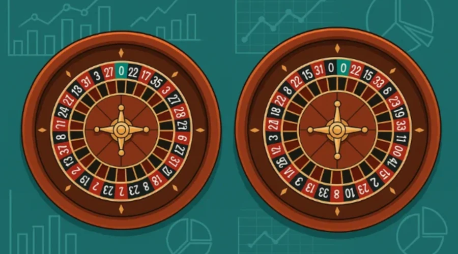 European vs American roulette wheels showing single-zero and double-zero layout differences
