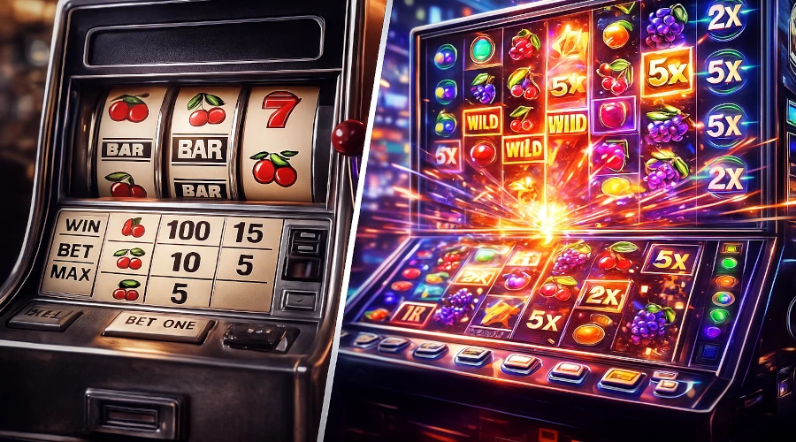 A split-screen image comparing a vintage 3-reel slot machine with a modern video slot with multipliers and dynamic effects