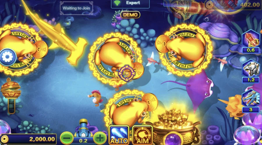 Illustration of a fish shooter demo game in an online casino, showing colorful fish targets and gun upgrades for strategic gameplay.