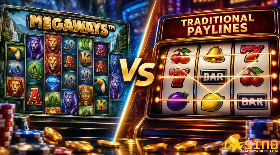 Megaways slot reels compared with traditional payline slot reels showing different ways to win and gameplay mechanics