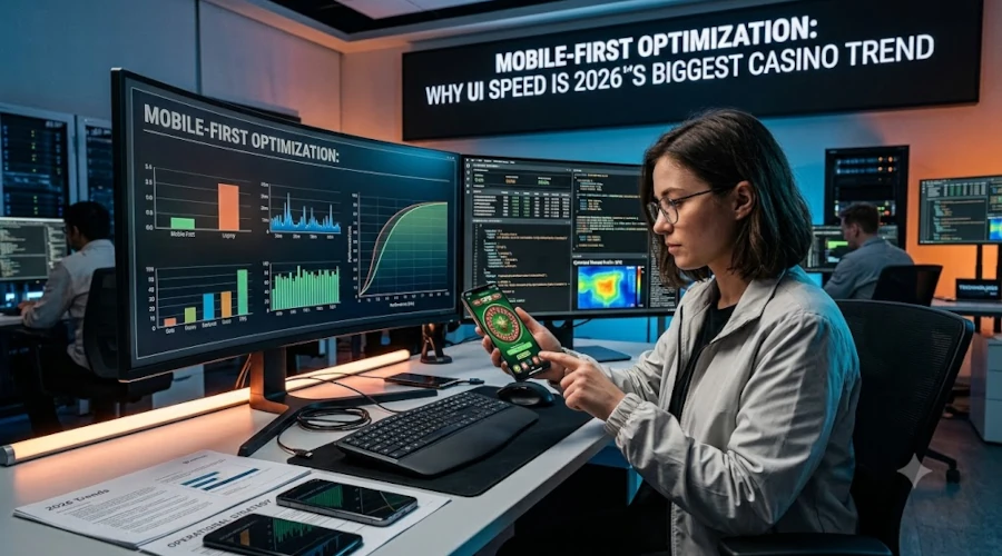 A data-driven mobile casino UX workspace showing analysts reviewing performance charts, latency metrics, and mobile-first optimization visuals.