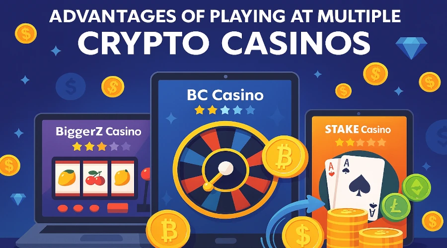 Illustration showing diverse crypto casinos with game icons, digital coins, and fast payout symbols