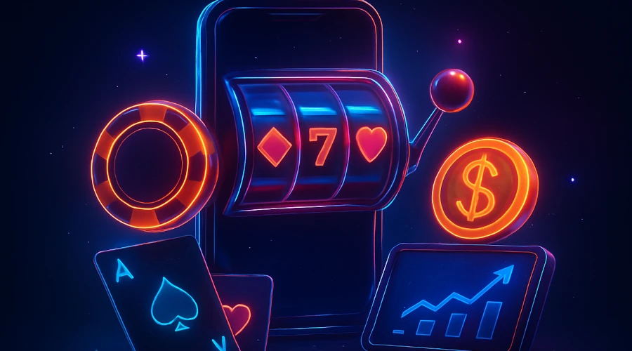 Illustration of future online casino trends including VR gaming, gamified slots, and anonymous platforms