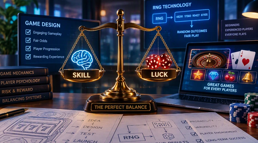 Game designer balancing skill, luck, and RNG technology on a digital casino game interface with probability charts and gaming elements