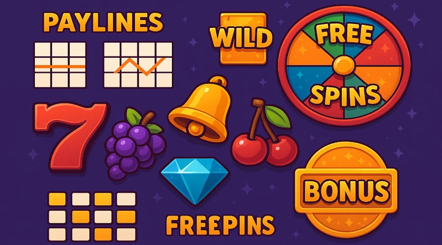 Illustration showing paylines, symbols, and bonus features used in modern online slot games