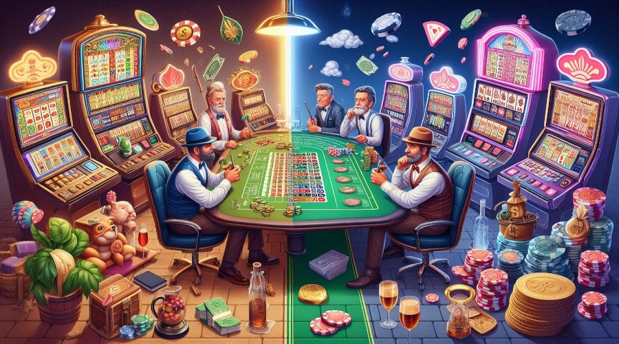 Comparison of slots and table games like blackjack and poker, highlighting differences in gameplay