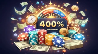 Illustration of 400% deposit bonus promotion showing casino chips, money, and bonus balance concept