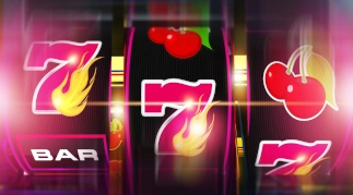 Close-up of slot machine reels showing lucky sevens, cherries and bar symbols during a winning spin