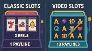 Classic slots and video slots comparison showing reels, paylines, volatility and gameplay features
