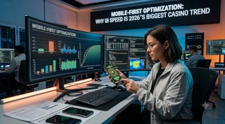 A data-driven mobile casino UX workspace showing analysts reviewing performance charts, latency metrics, and mobile-first optimization visuals.