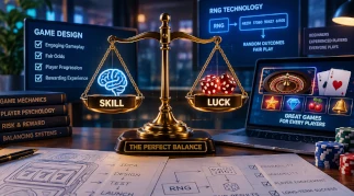 Game designer balancing skill, luck, and RNG technology on a digital casino game interface with probability charts and gaming elements
