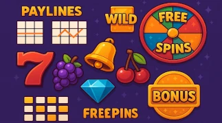 Illustration showing paylines, symbols, and bonus features used in modern online slot games