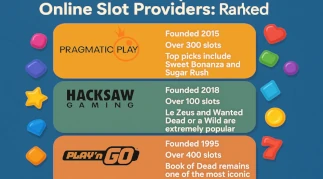 Logos and slot game visuals representing the most popular online slot providers in the world