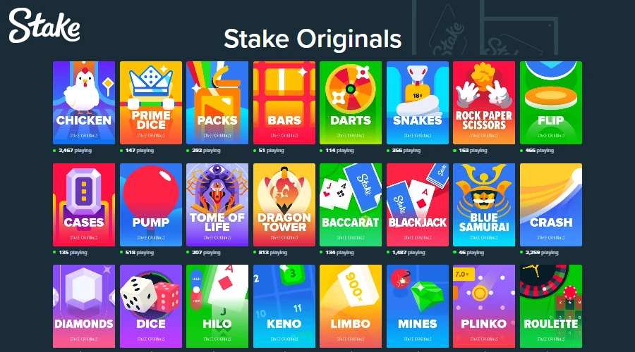 Stake Originals game lobby featuring Crash, Dice, Mines, Slide and other provably fair crypto games at Stake Casino