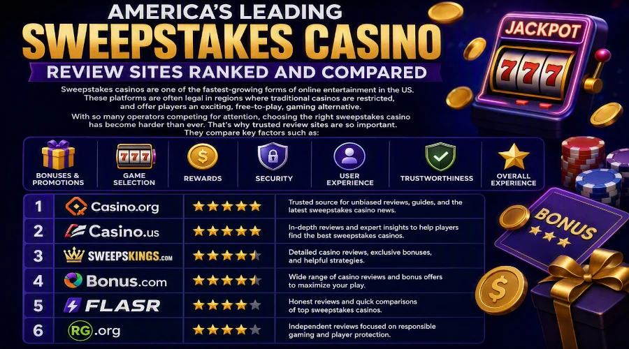 Ranked list of America’s leading sweepstakes casino review sites with comparison criteria and trust signals