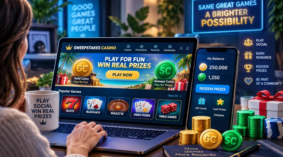 Player using a sweepstakes casino platform featuring Gold Coins, Sweeps Coins, casino-style games, and prize redemption options