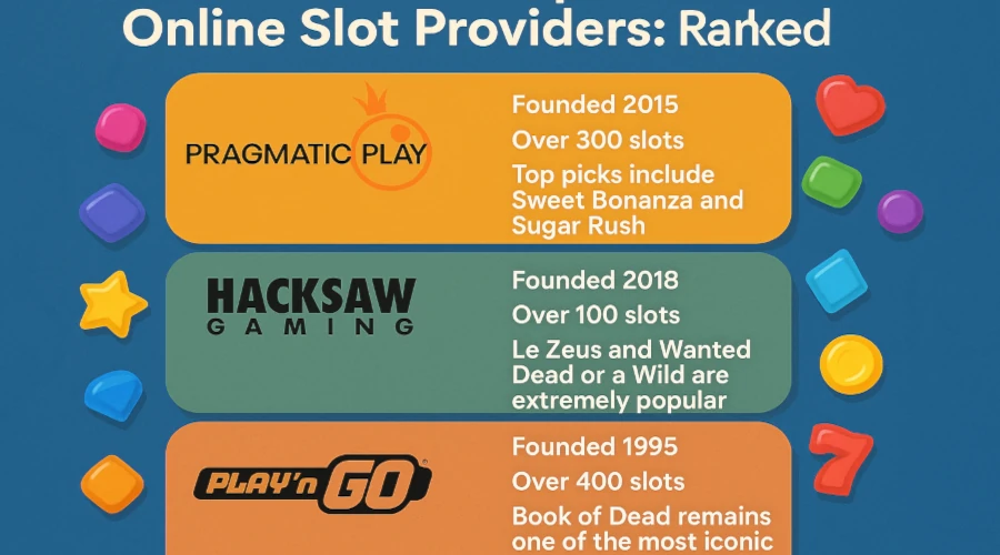 Logos and slot game visuals representing the most popular online slot providers in the world