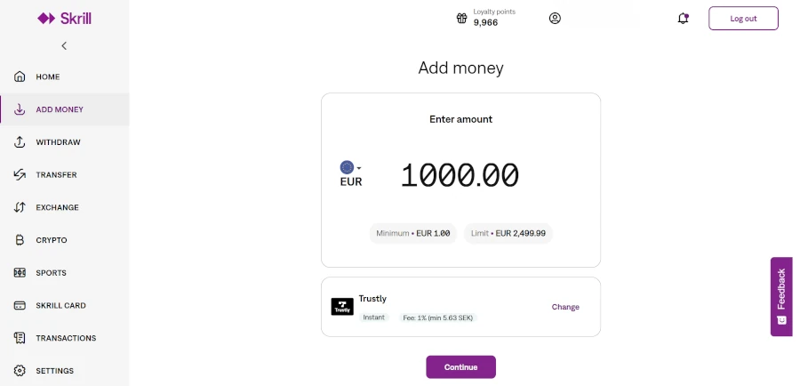 Skrill used for fast and secure online casino deposits and withdrawals
