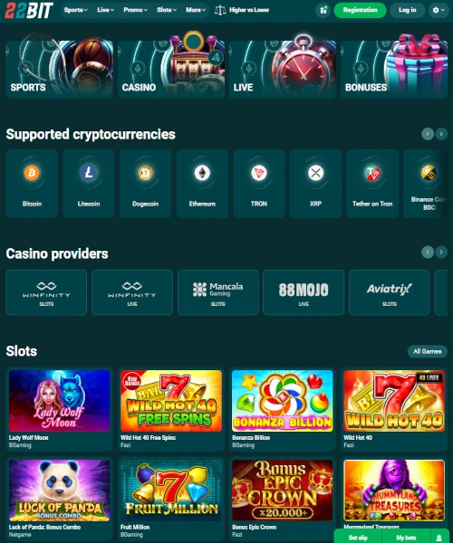 Screenshot of 22Bit Casino lobby showing slots, table games, and live casino options