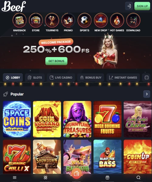 Screenshot of Beef Casino lobby showing slots, table games, and live casino options
