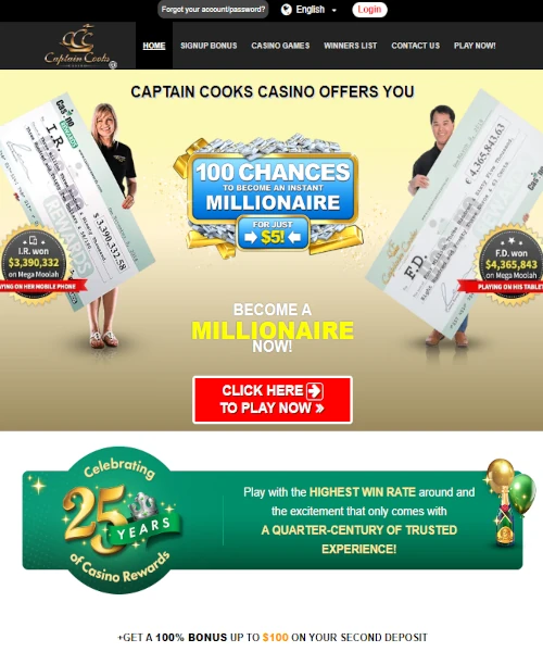 Screenshot of Captain Cooks Casino lobby showing slots, table games, and live casino options