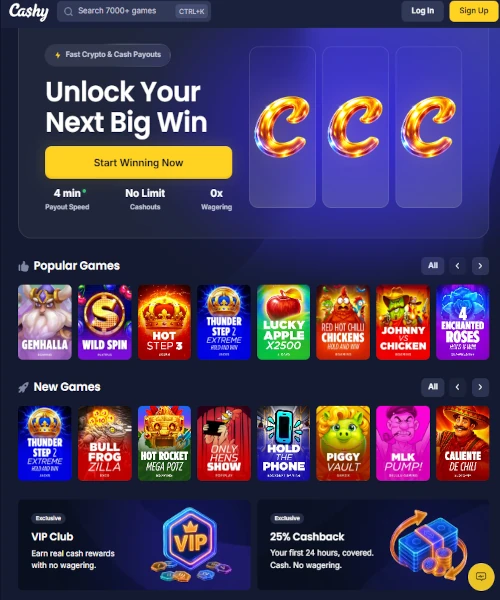 Screenshot of Cashy Casino lobby showing slots, table games, and live casino options
