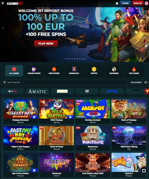 Screenshot of Casino4u lobby showing slots, table games, and live casino options