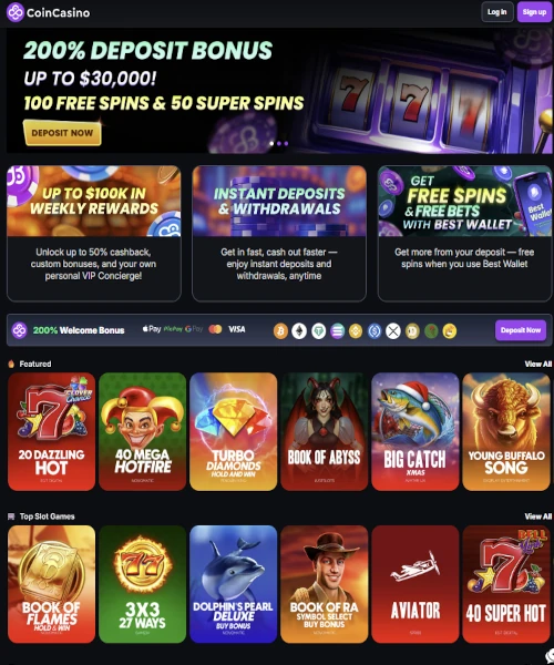 Screenshot of CoinCasino lobby showing slots, table games, and live casino options