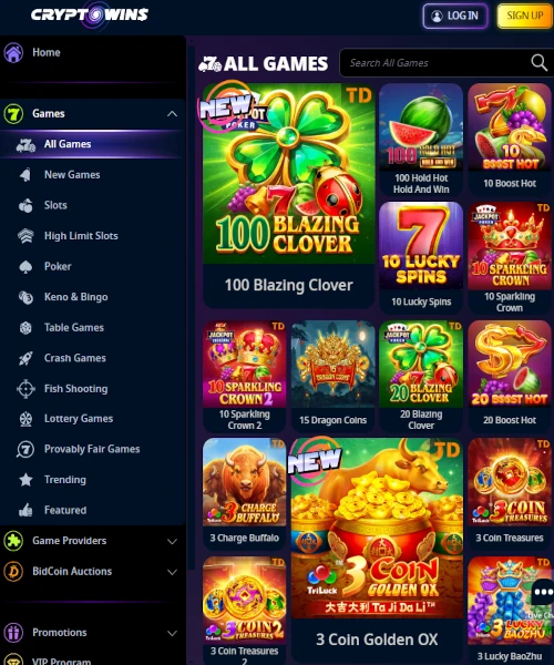 Screenshot of CryptoWins Casino lobby showing slots, table games, and live casino options