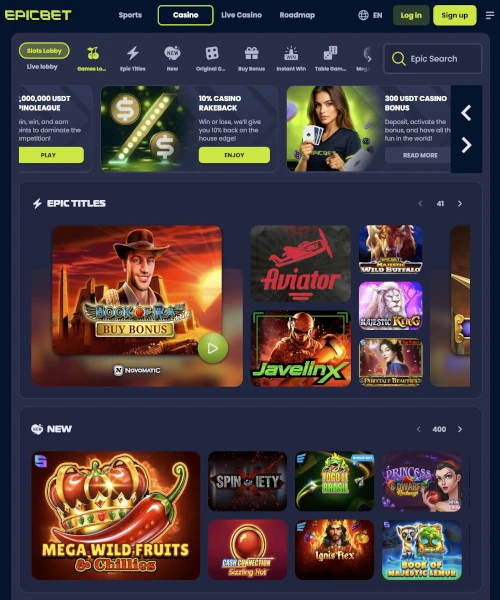Screenshot of Epicbet Casino lobby showing slots, table games, and live casino options