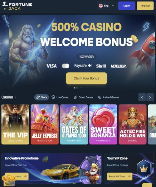 Screenshot of FortuneJack Casino lobby showing slots, table games, and live casino options