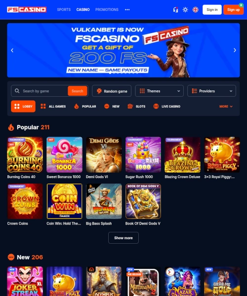 Screenshot of FS Casino lobby showing slots, table games, and live casino options