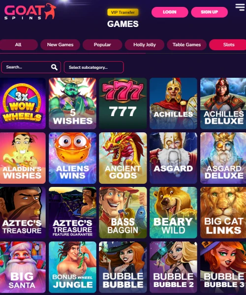 Screenshot of Goat Spins Casino lobby showing slots, table games, and live casino options