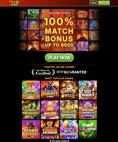 Screenshot of Golden Tiger Casino lobby showing slots, table games, and live casino options