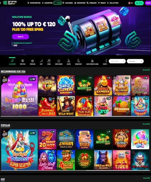 Screenshot of GranaWin Casino lobby showing slots, table games, and live casino options
