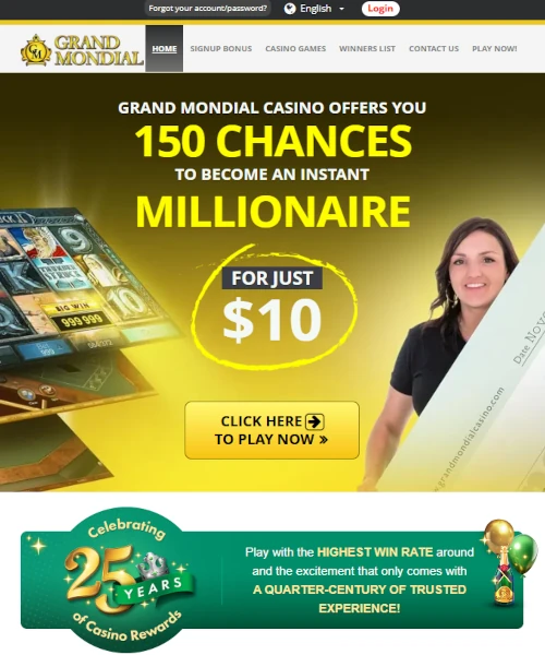 Screenshot of Grand Mondial Casino lobby showing slots, table games, and live casino options