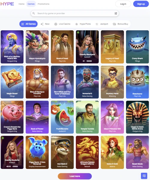 Screenshot of HypeKasino lobby showing slots, table games, and live casino options