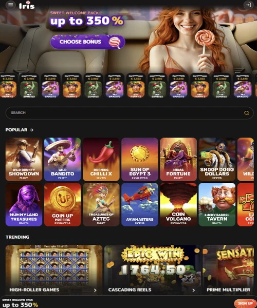 Screenshot of Iris Casino lobby showing slots, table games, and live casino options