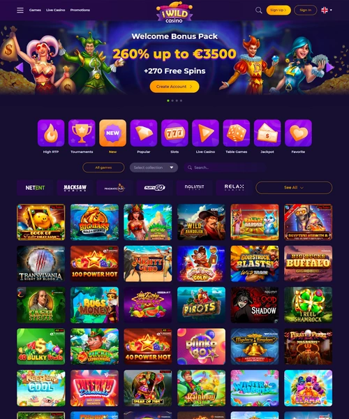 Screenshot of iWild Casino lobby showing slots, table games, and live casino options