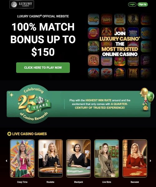 Screenshot of Luxury Casino lobby showing slots, table games, and live casino options