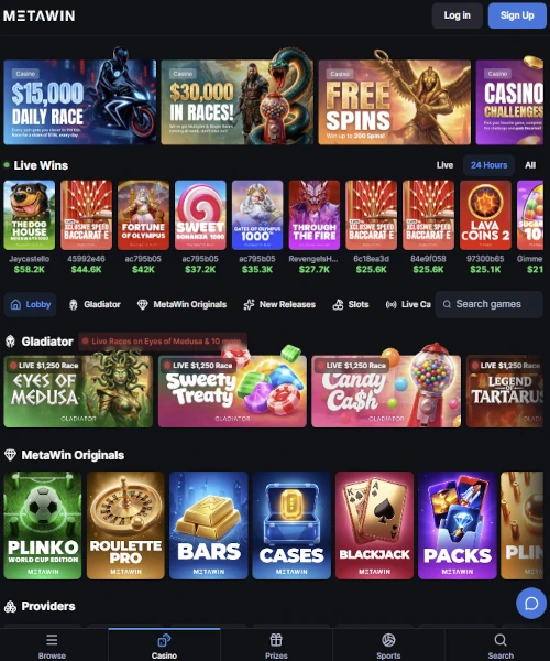 Screenshot of Metawin Casino lobby showing slots, table games, and live casino options