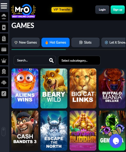 Screenshot of Mr O Casino lobby showing slots, table games, and live casino options