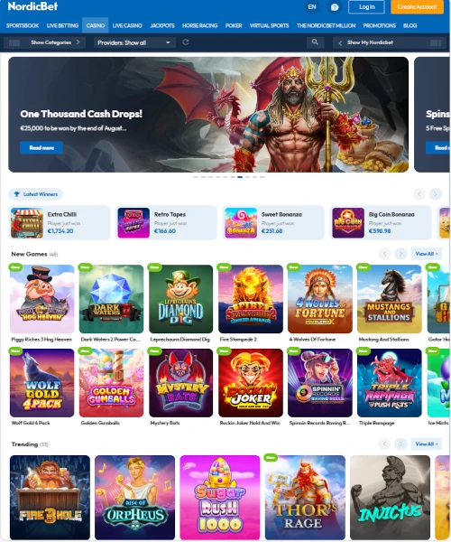 Screenshot of Nordicbet Casino lobby showing slots, table games, and live casino options