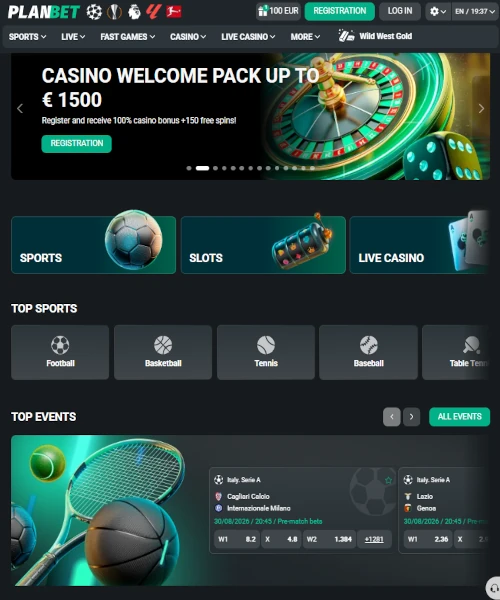 Screenshot of Planbet Casino lobby showing slots, table games, and live casino options