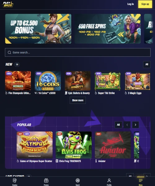 Screenshot of Playbaze Casino lobby showing slots, table games, and live casino options